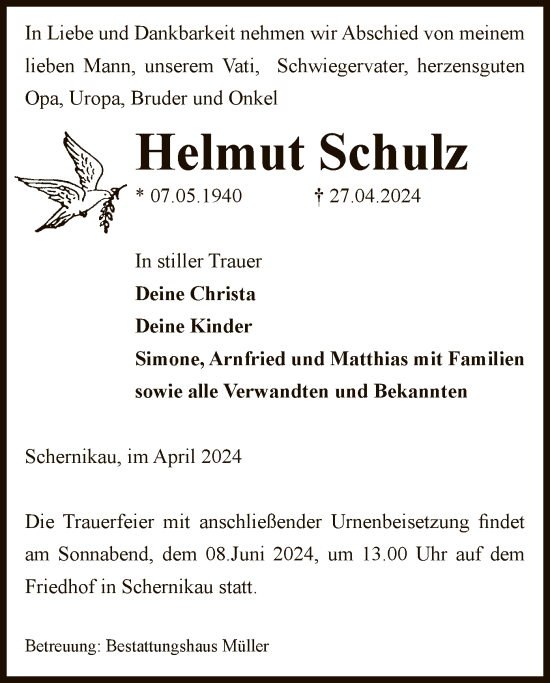 Todesanzeige von Helmut Schulz von UEL