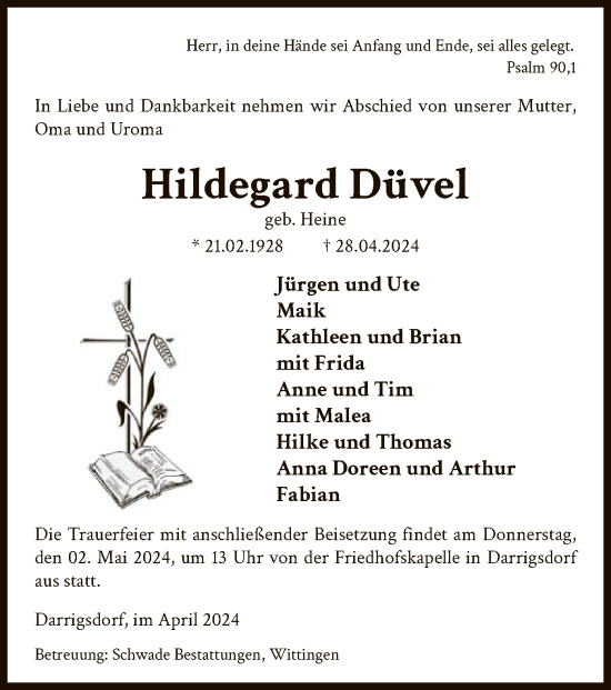 Todesanzeige von Hildegard Düvel von UEL