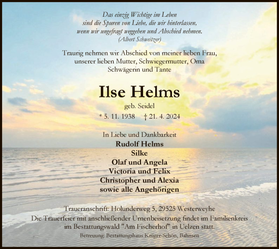Todesanzeige von Ilse Helms von UEL