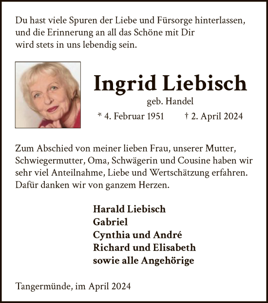 Todesanzeige von Ingrid Liebisch von UEL