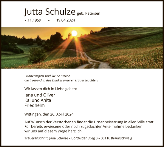 Todesanzeige von Jutta Schulze von UEL