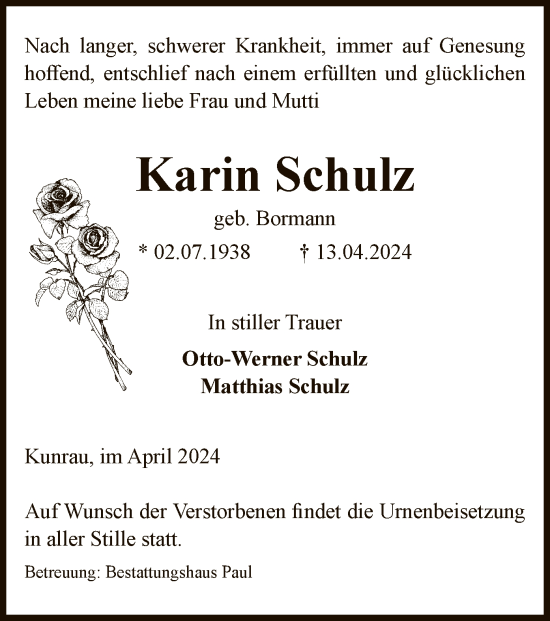 Todesanzeige von Karin Schulz von UEL