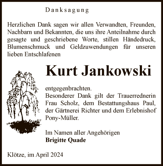 Todesanzeige von Kurt Jankowski von UEL