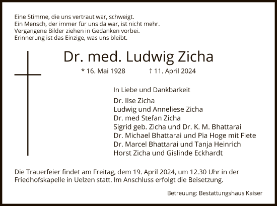 Todesanzeige von Ludwig Zicha von UEL