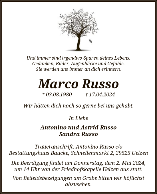 Todesanzeige von Marco Russo von UEL