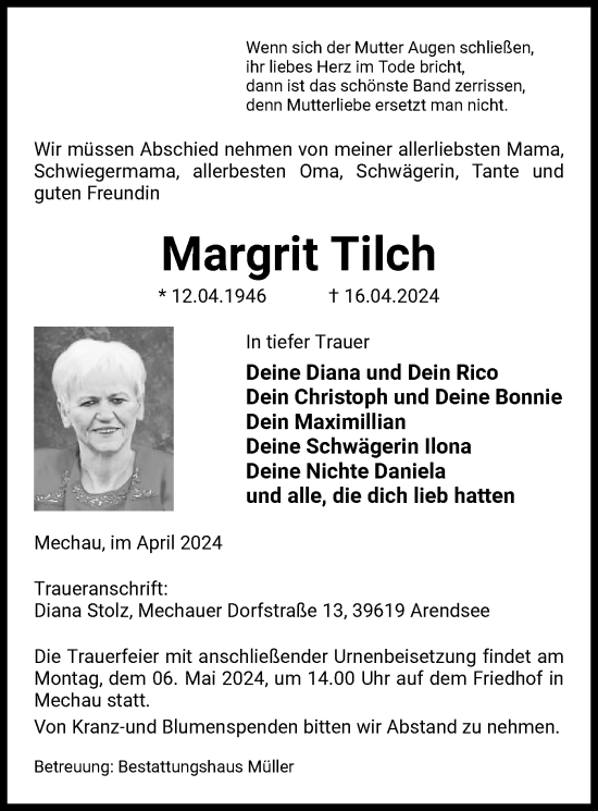 Todesanzeige von Margrit Tilch von UEL