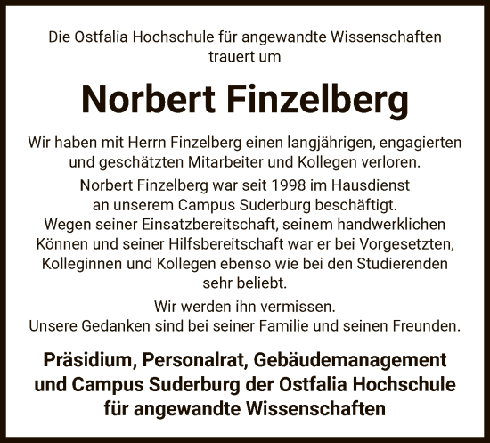 Todesanzeige von Norbert Finzelberg von UEL