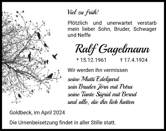 Todesanzeige von Ralf Gagelmann von UEL