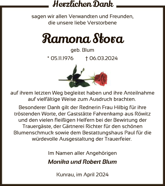 Todesanzeige von Ramona Stora von UEL