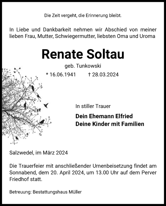 Todesanzeige von Renate Soltau von UEL
