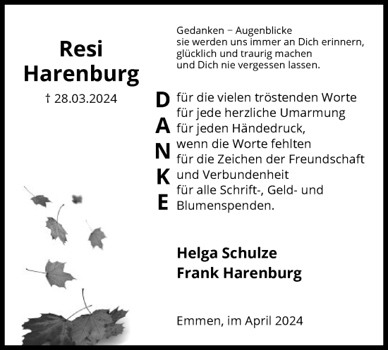 Todesanzeige von Resi Harenburg von UEL