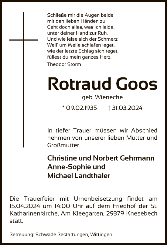 Todesanzeige von Rotraud Goos von UEL