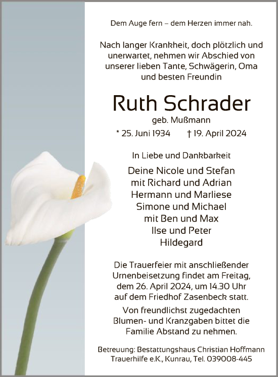 Todesanzeige von Ruth Schrader von UEL