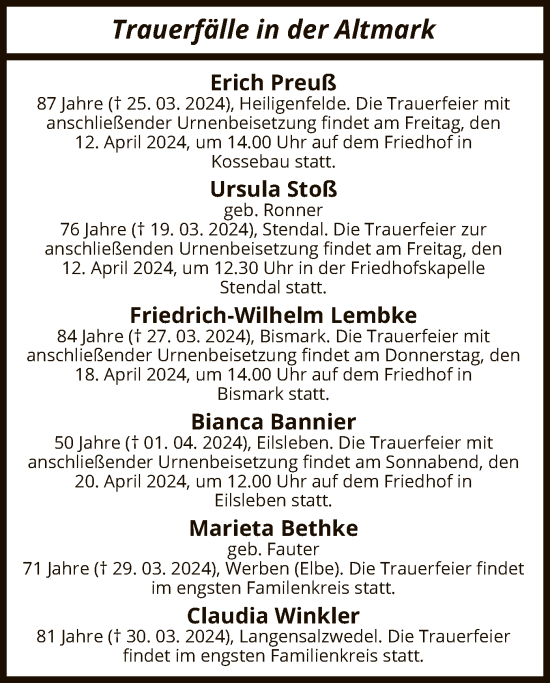 Todesanzeige von Sterbetafel vom 06.04.2024 von UEL