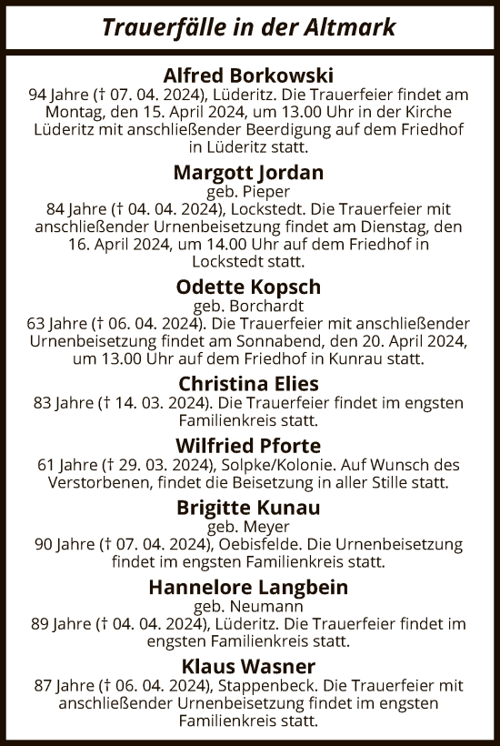 Todesanzeige von Sterbetafel vom 11.04.2024 von UEL
