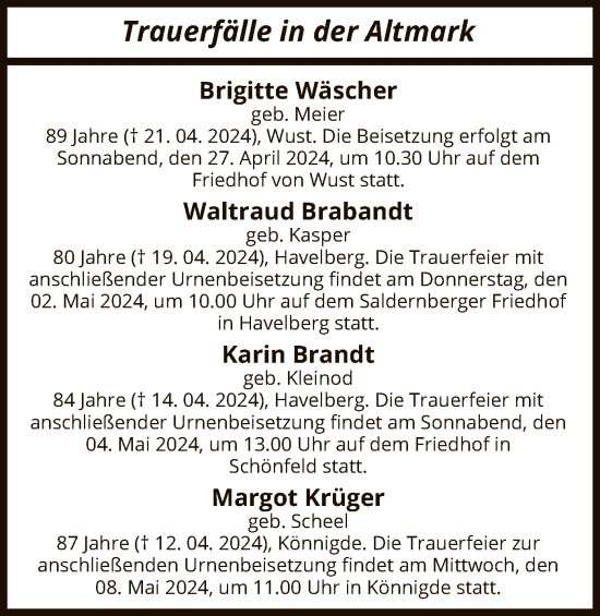 Todesanzeige von Sterbetafel vom 25.04.2024 von UEL