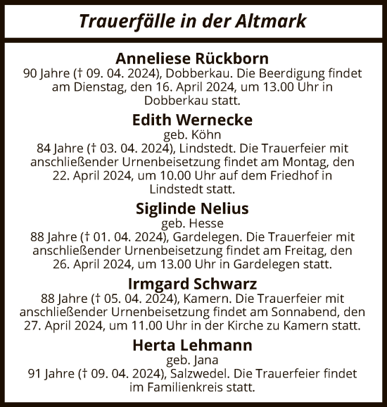 Todesanzeige von Trauerfälle in der Altmark  von UEL