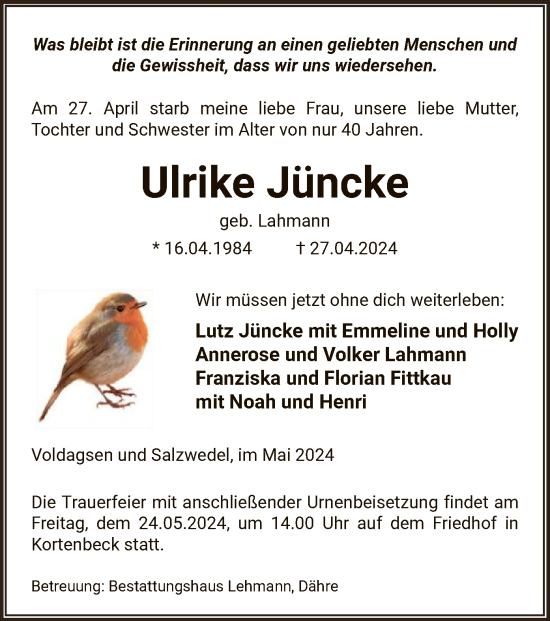 Todesanzeige von Ulrike Jüncke von UEL