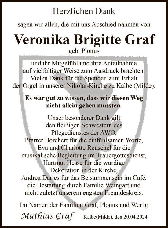 Todesanzeige von Veronika Brigitte Graf von UEL