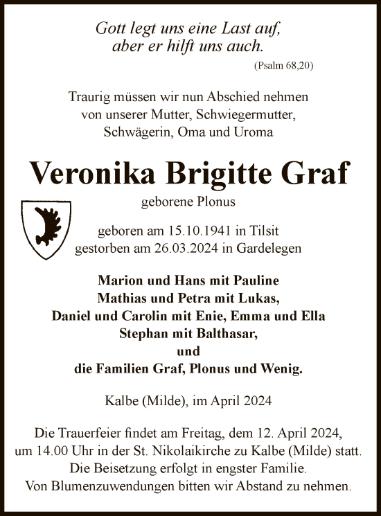 Todesanzeige von Veronika Brigitte Graf von UEL