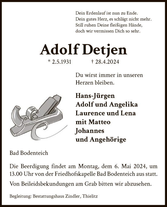 Todesanzeige von Adolf Detjen von UEL