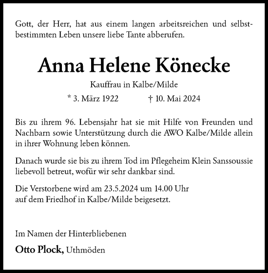 Todesanzeige von Anna Helene Könecke von UEL