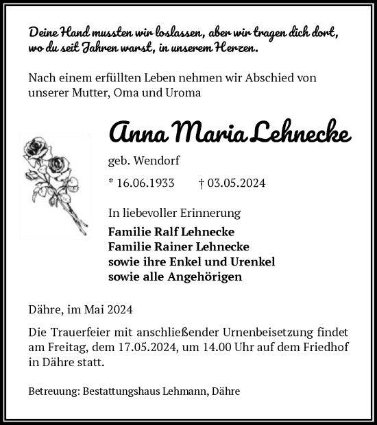 Todesanzeige von Anna Maria Lehnecke von UEL