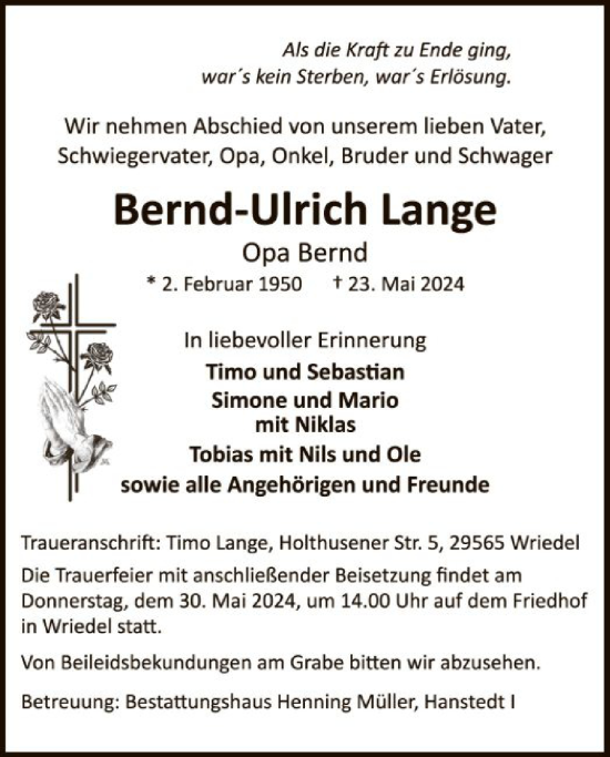 Todesanzeige von Bernd-Ulrich Lange von UEL