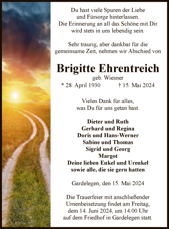 Todesanzeige von Brigitte Ehrentreich von UEL