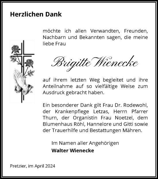 Todesanzeige von Brigitte Wienecke von UEL