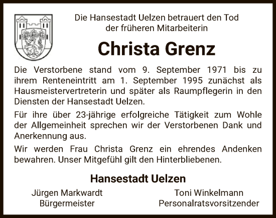 Todesanzeige von Christa Grenz von UEL