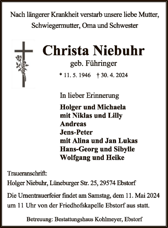 Todesanzeige von Christa Niebuhr von UEL
