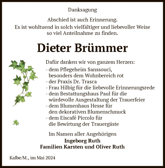 Todesanzeige von Dieter Brümmer von UEL