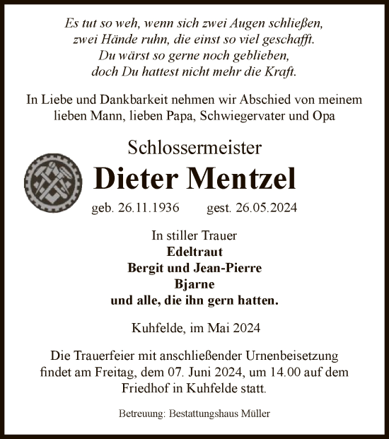 Todesanzeige von Dieter Mentzel von UEL