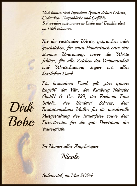 Todesanzeige von Dirk Bobe von UEL