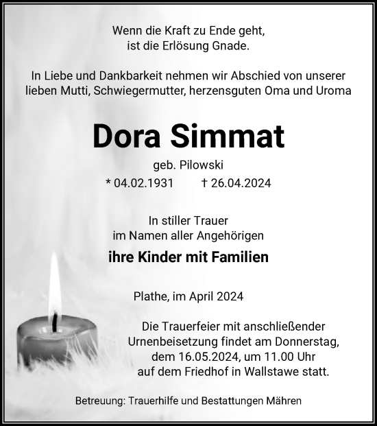 Todesanzeige von Dora Simmat von UEL