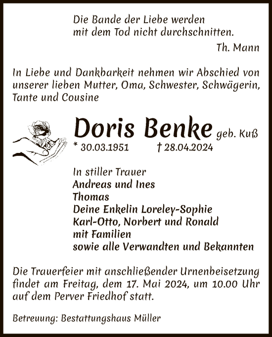Todesanzeige von Doris Benke von UEL