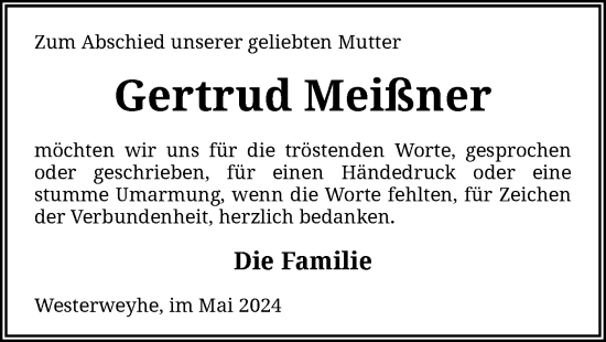 Todesanzeige von Gertrud Meißner von UEL
