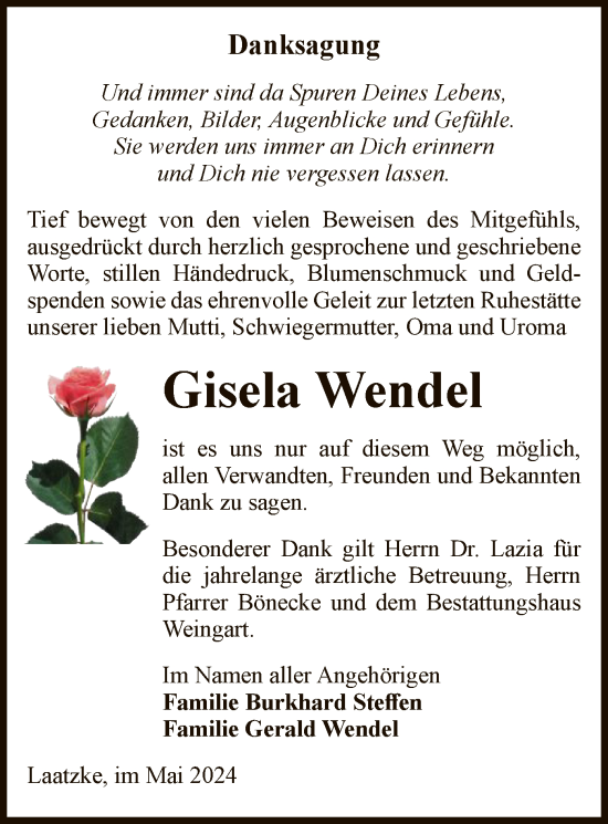 Todesanzeige von Gisela Wendel von UEL