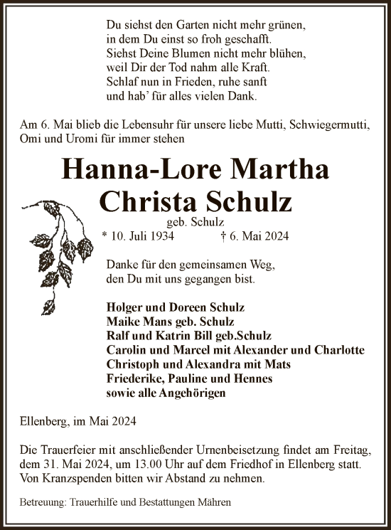 Todesanzeige von Hanna-Lore Martha Christa Schulz von UEL