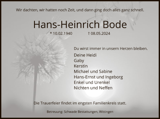Todesanzeige von Hans-Heinrich Bode von UEL