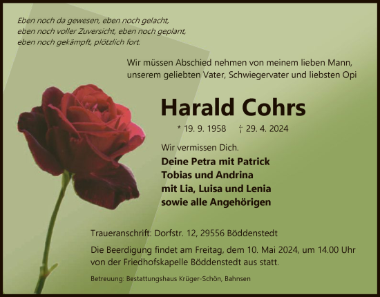 Todesanzeige von Harald Cohrs von UEL