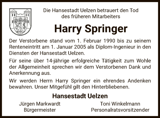 Todesanzeige von Harry Springer von UEL