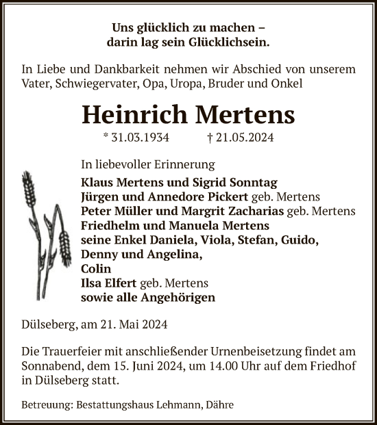 Todesanzeige von Heinrich Mertens von UEL