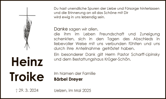 Todesanzeige von Heinz Troike von UEL