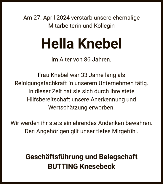 Todesanzeige von Hella Knebel von UEL