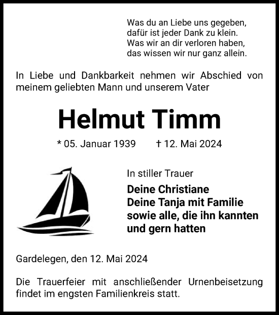 Todesanzeige von Helmut Timm von UEL