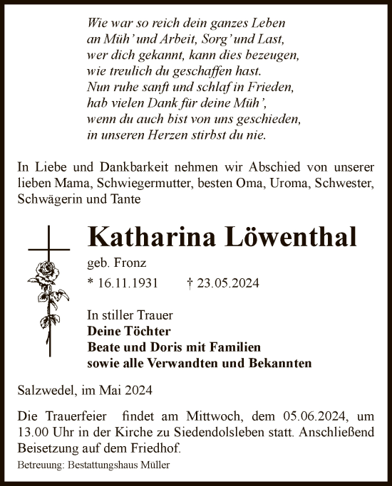 Todesanzeige von Katharina Löwenthal von UEL