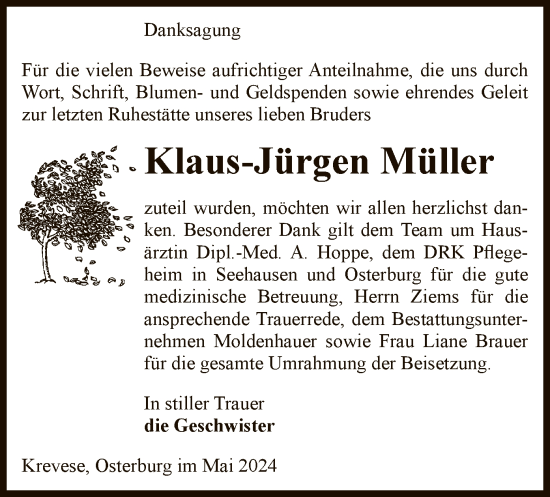 Todesanzeige von Klaus-Jürgen Müller von UEL