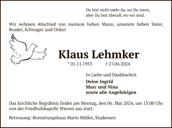Todesanzeige von Klaus Lehmker von UEL